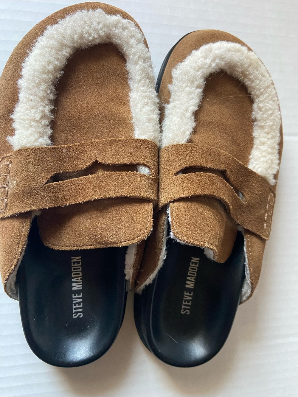 Steve Madden Tan Suede Shearling-Trim Slip-On Slippers